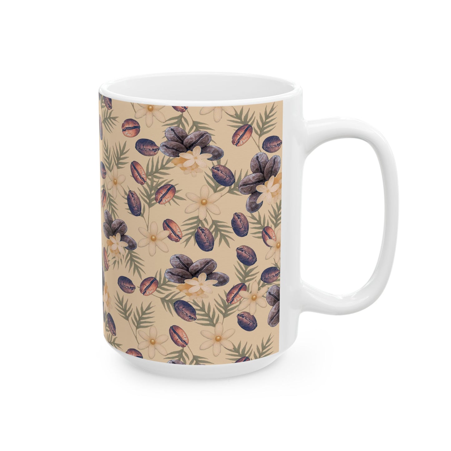 Coffee Beans and Flowers Ceramic Mug, (11oz, 15oz)