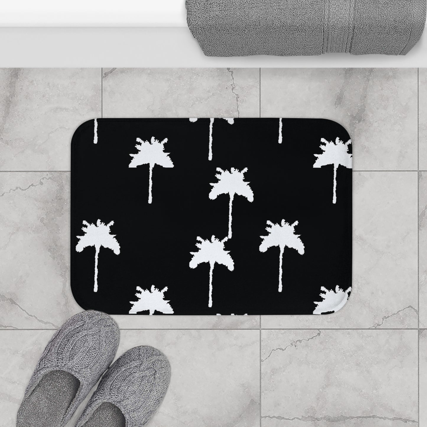 Classic White Palms on Black Bath Mat