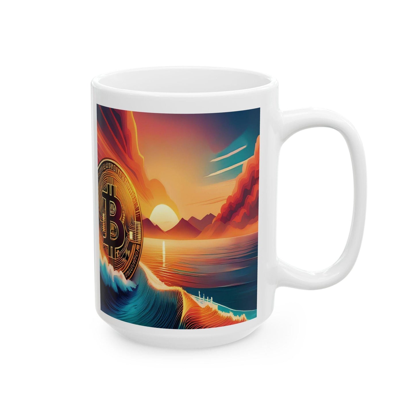 Ride the Wave Bitcoin Ceramic Mug, (11oz, 15oz) - Miniaday Designs, LLC.