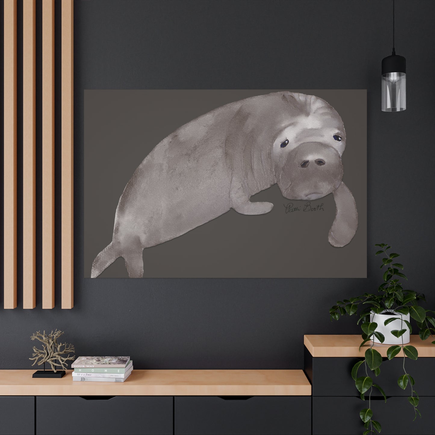 Sweet Hand Painted Manatee Signed Matte Canvas, Stretched, 1.25"