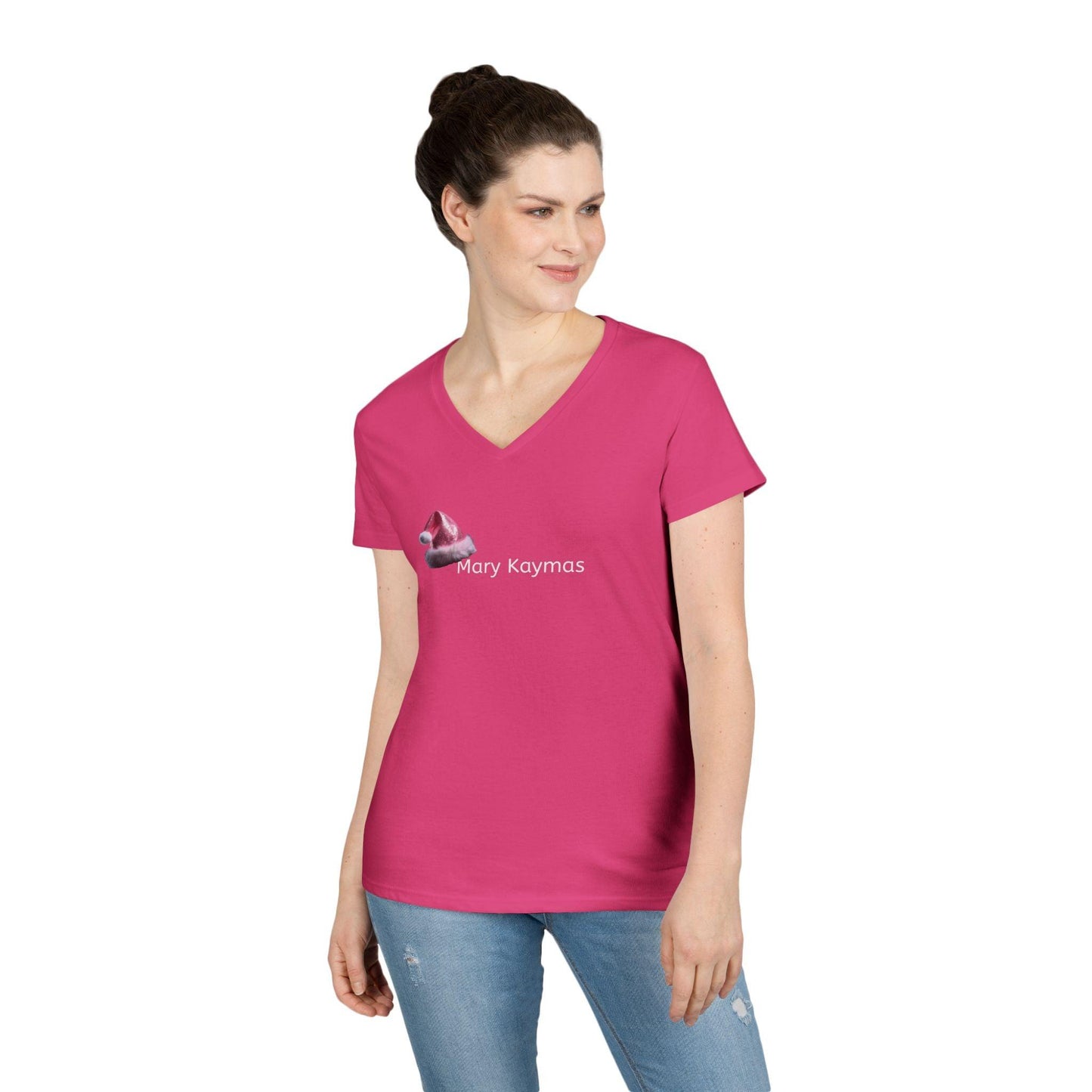 Mary Pink Hat Christmas Ladies' V-Neck T-Shirt Slim Fit - Miniaday Designs, LLC.