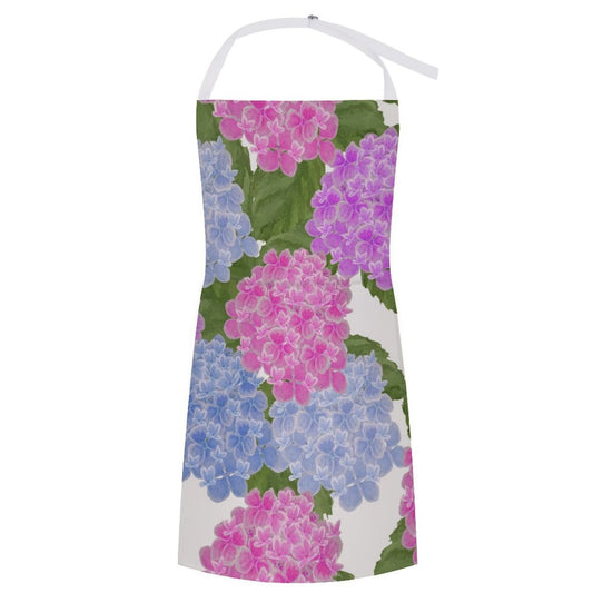 front view Hydrangea blue, pink and purple on green leaves pink background with white straps apron.