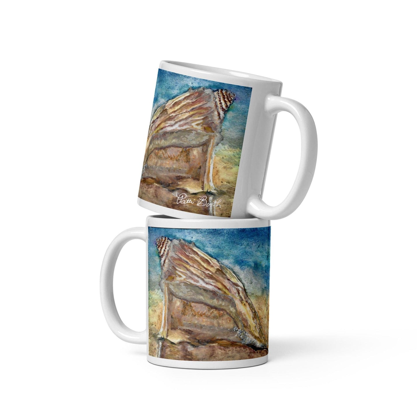 Conch Shell Watercolor White Glossy Mug. FREE SHIPPING Available on Bulk Orders - Miniaday Designs, LLC.