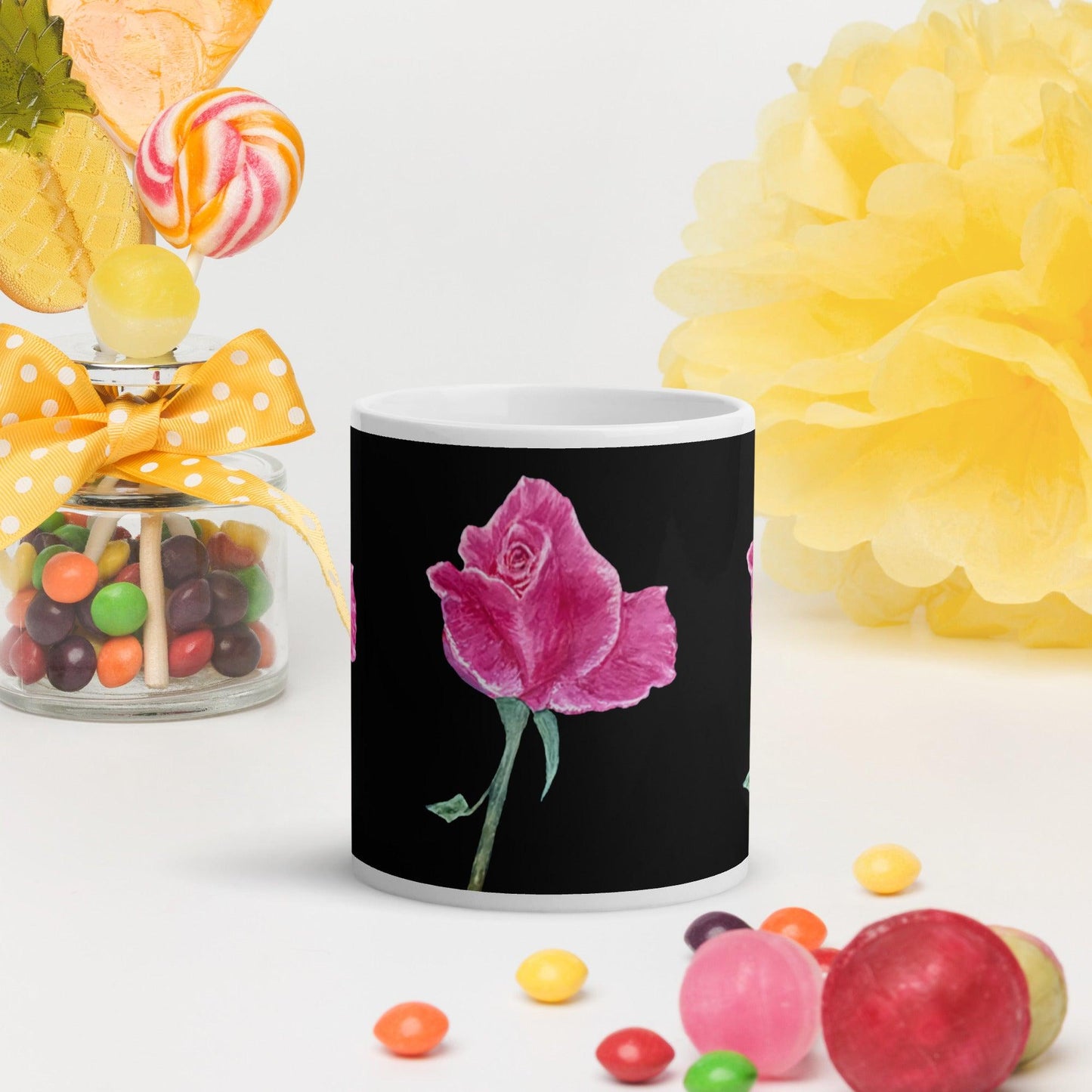 Hand painted Pink Rose on Black Signed White Mug FREE SHIPPING for BULK ORDERS - Miniaday Designs, LLC.