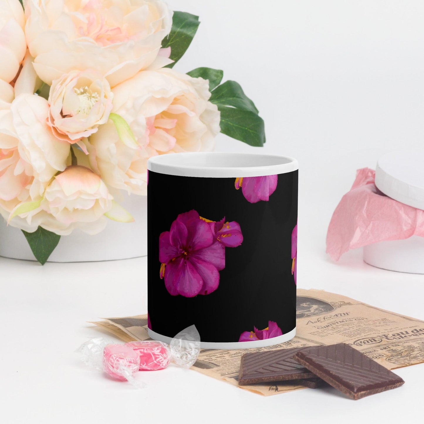 Pansy on Black White Mug FREE SHIPPING for BULK ORDERS - Miniaday Designs, LLC.