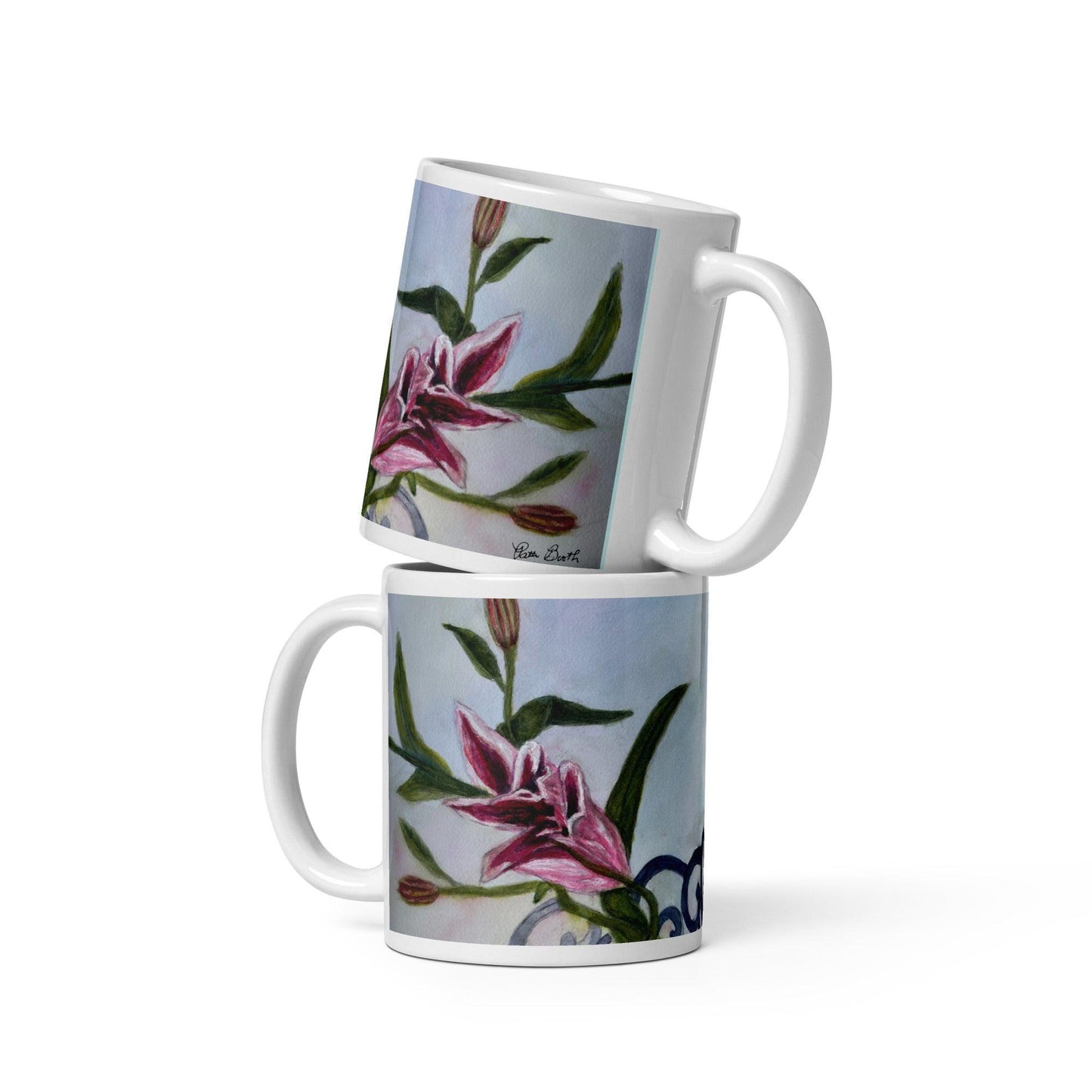 Pink Lily White Mug Signed FREE SHIPPING for BULK ORDERS - Miniaday Designs, LLC.