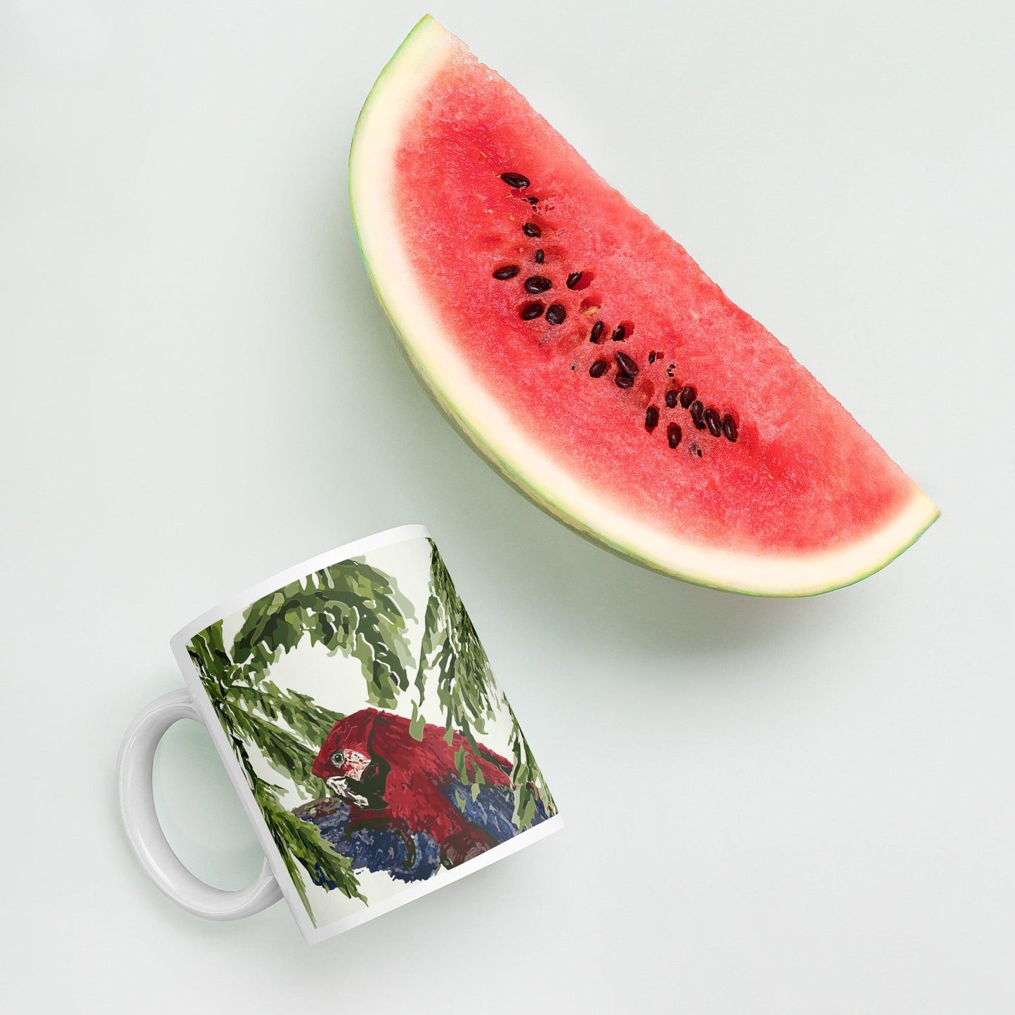 Watercolor Parrot & Palm White Mug Signed FREE SHIPPING for BULK ORDERS - Miniaday Designs, LLC.