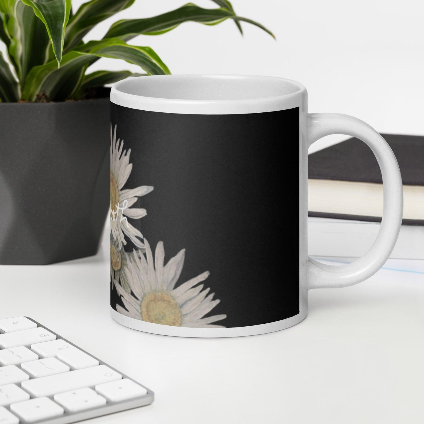 Daisy Reflection on Black White Mug Signed FREE SHIPPING for BULK ORDERS - Miniaday Designs, LLC.