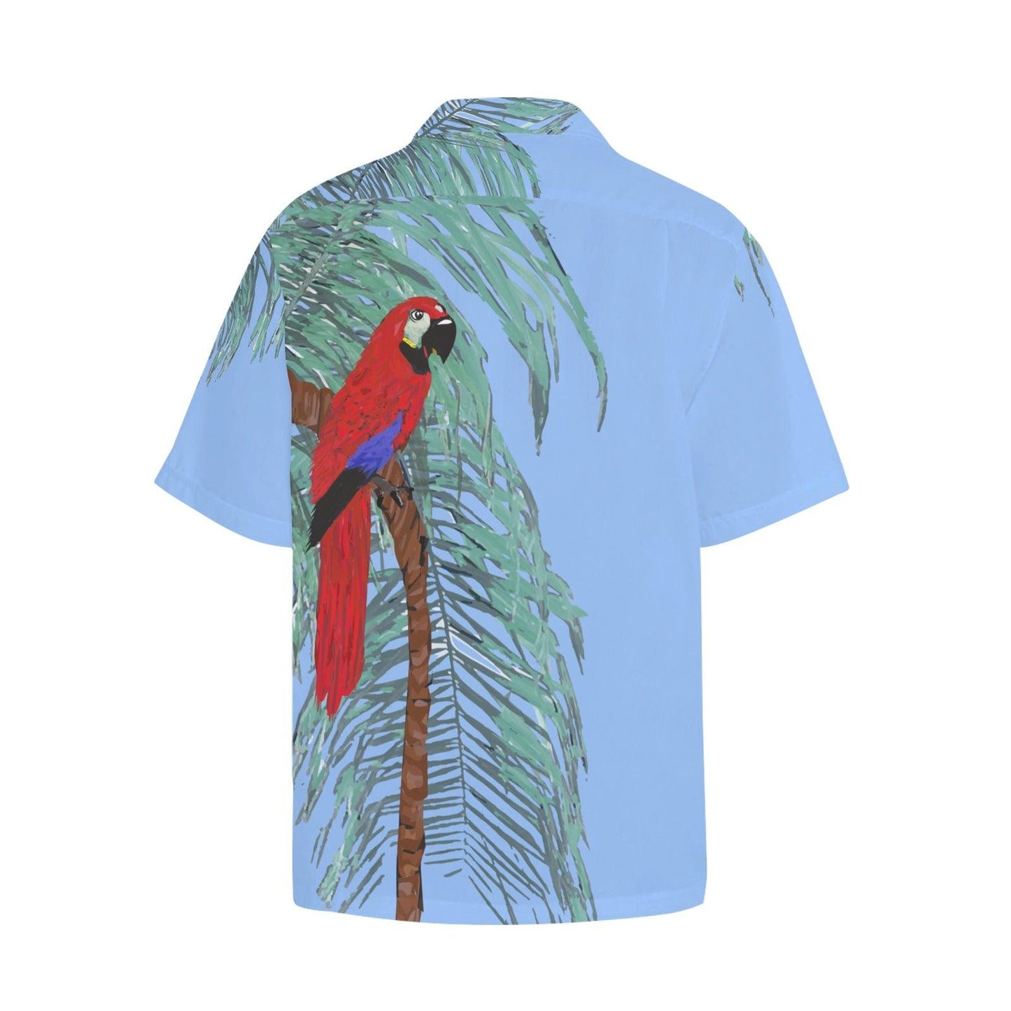 Miniaday Designs Red Parrot With Palms Blue Hawaiian Shirt with Chest Pocket - Miniaday Designs, LLC.