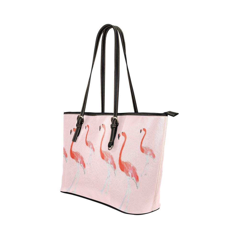 grey and pink flamingo small tote on peach@3x Leather Tote Bag/Small (Model 1651)
