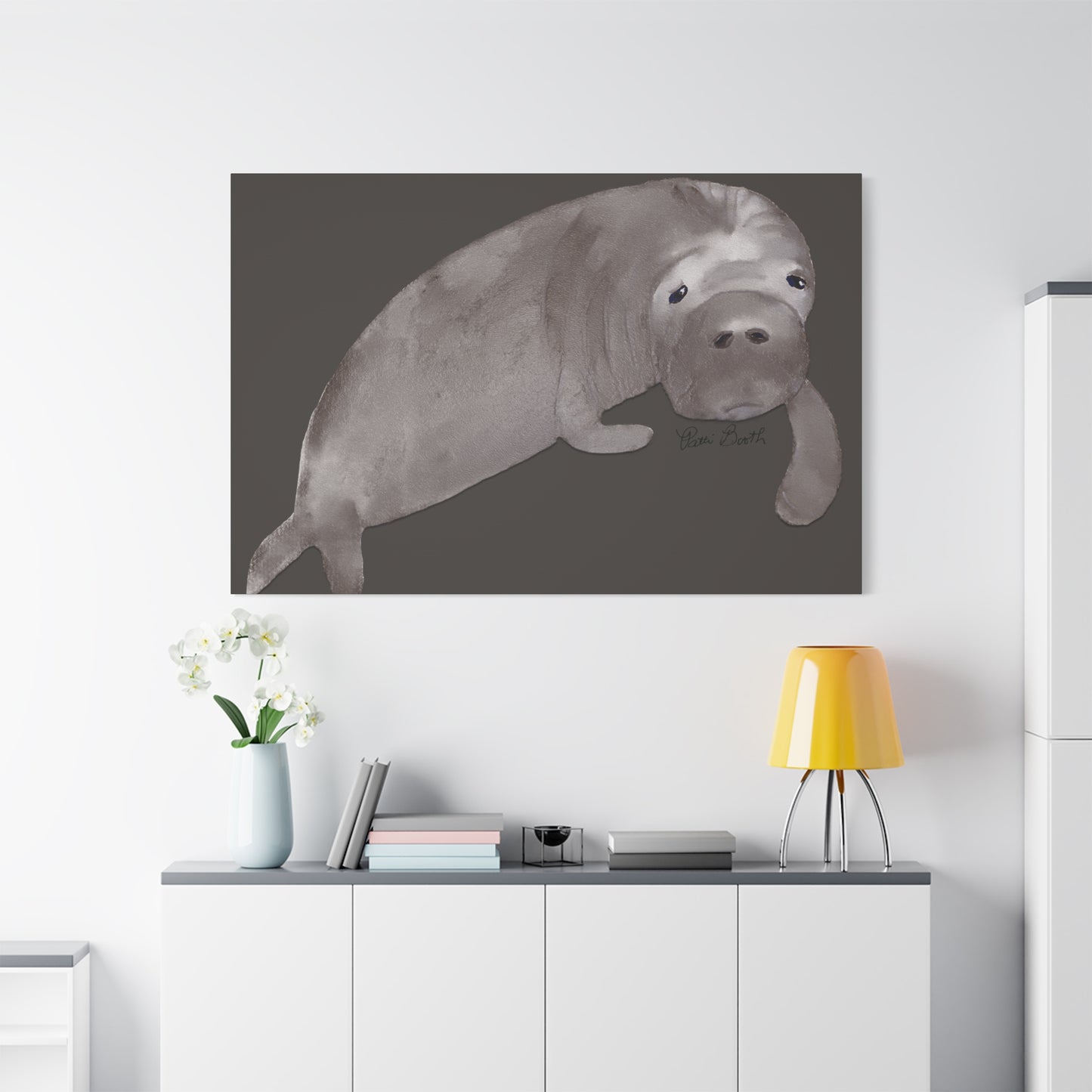 Sweet Hand Painted Manatee Signed Matte Canvas, Stretched, 1.25"