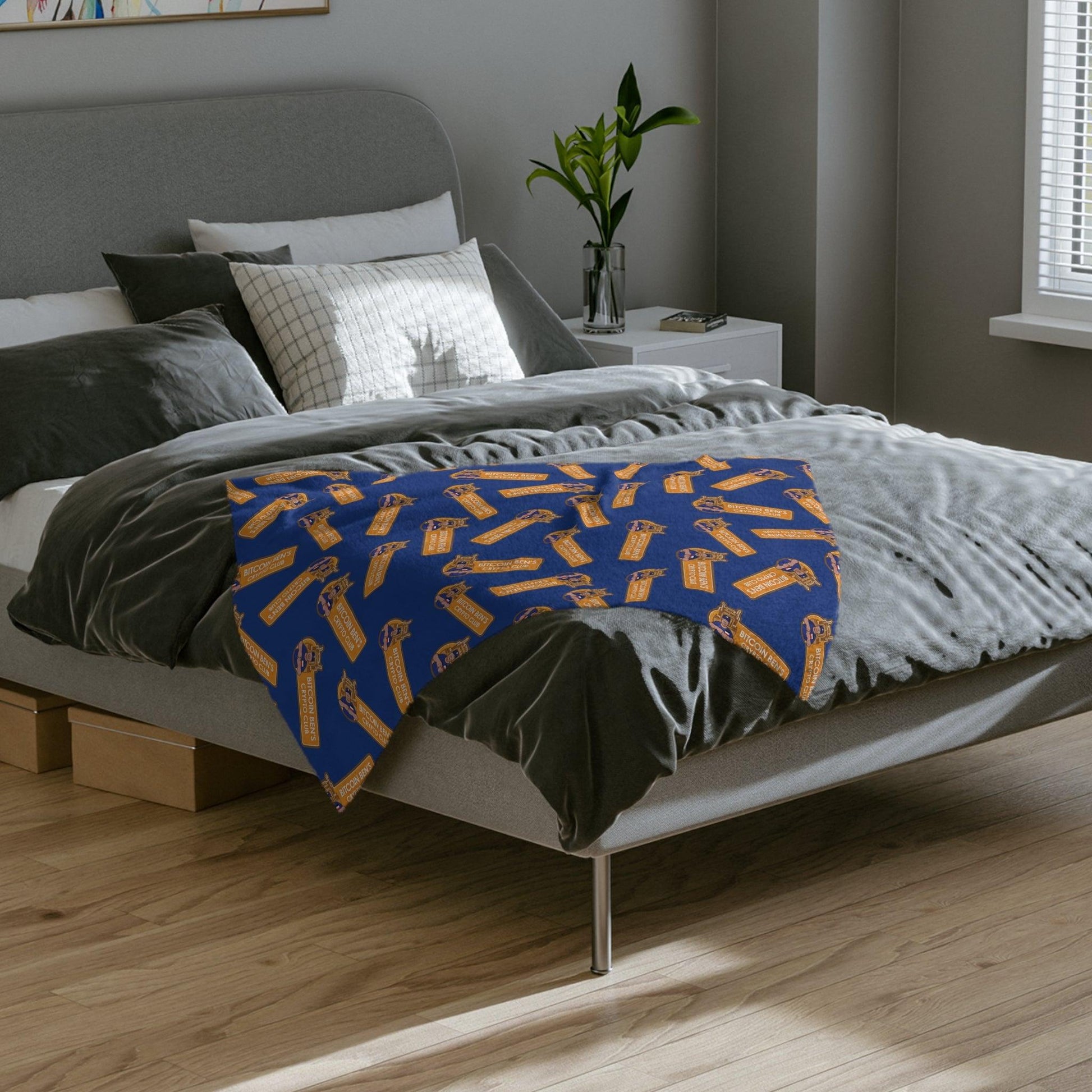 Miniaday Designs Bitcoin Ben Crypto Club Logo Velveteen Minky Blanket Blue - Miniaday Designs, LLC.