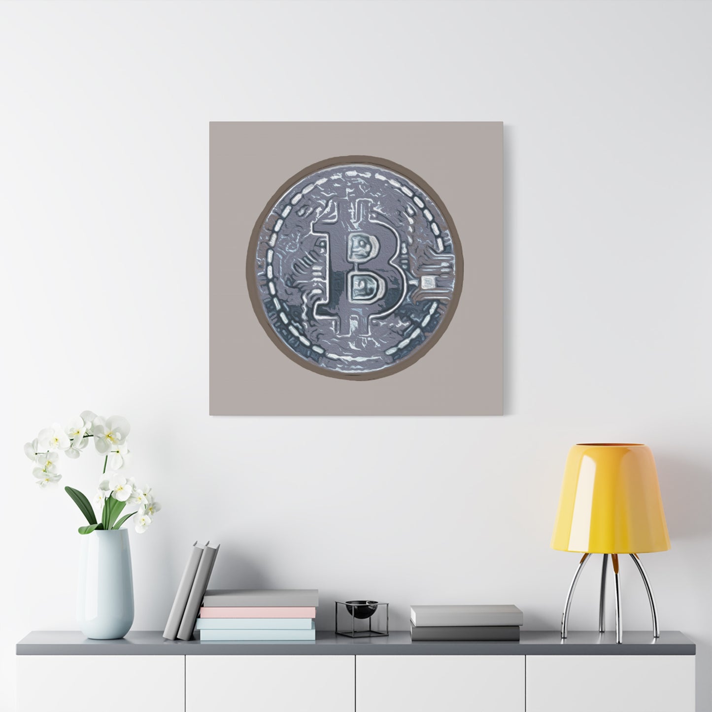 Hand Painted Bitcoin Blue on Brown Matte Canvas, Stretched, 1.25"