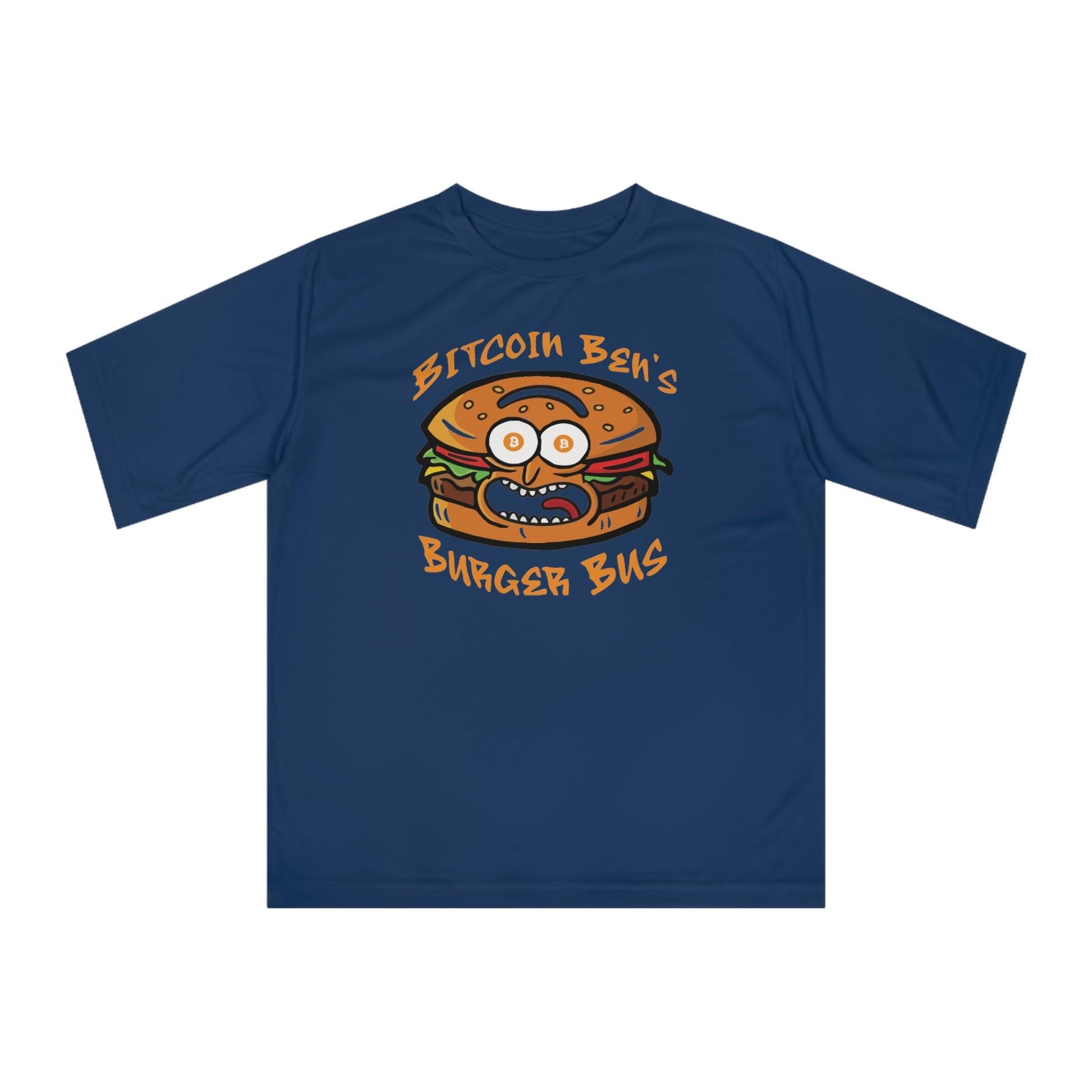 Miniaday Designs Bitcoin Ben Burger Bus Athletic Fit Unisex Zone Performance T-shirt - Miniaday Designs, LLC.