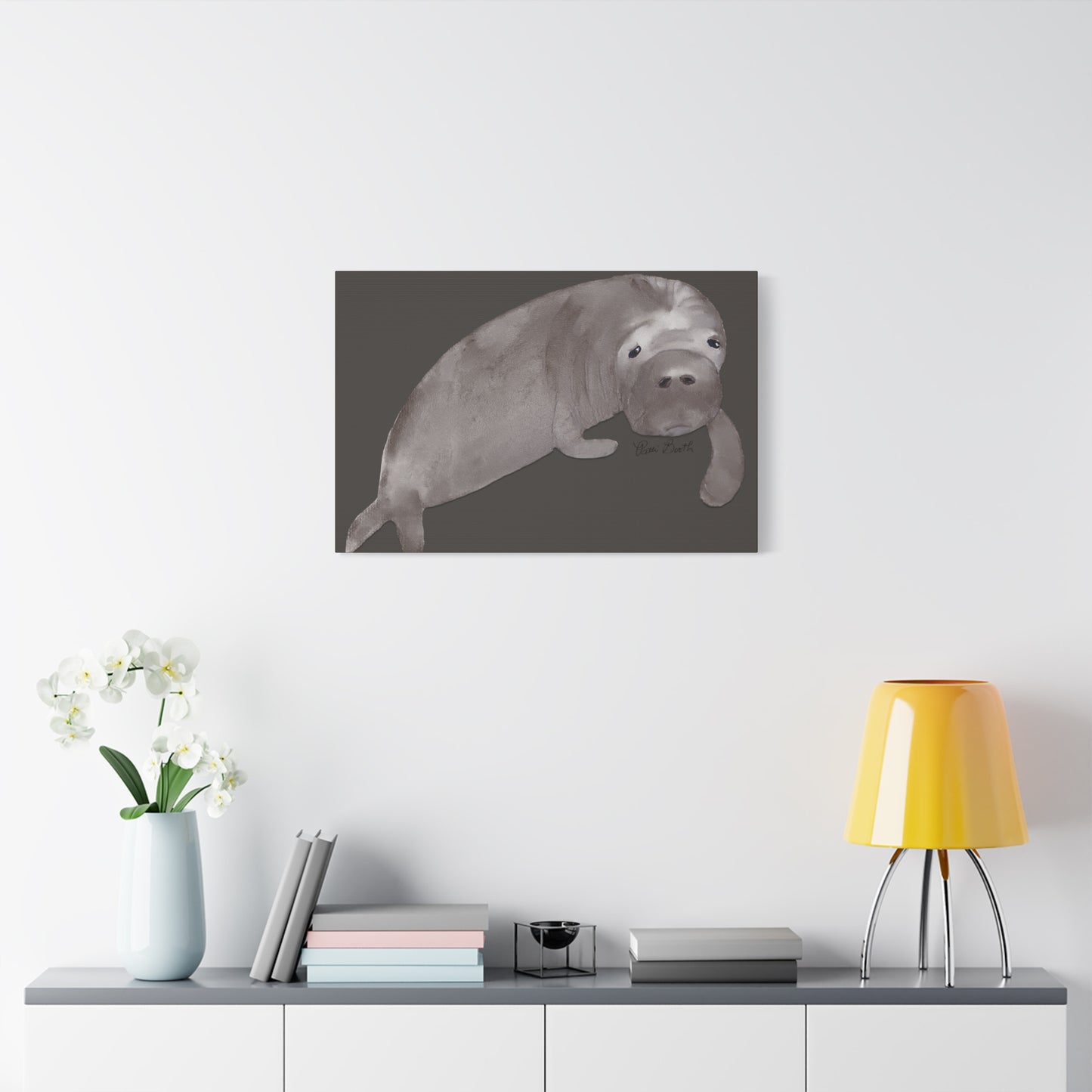 Sweet Hand Painted Manatee Signed Matte Canvas, Stretched, 1.25"