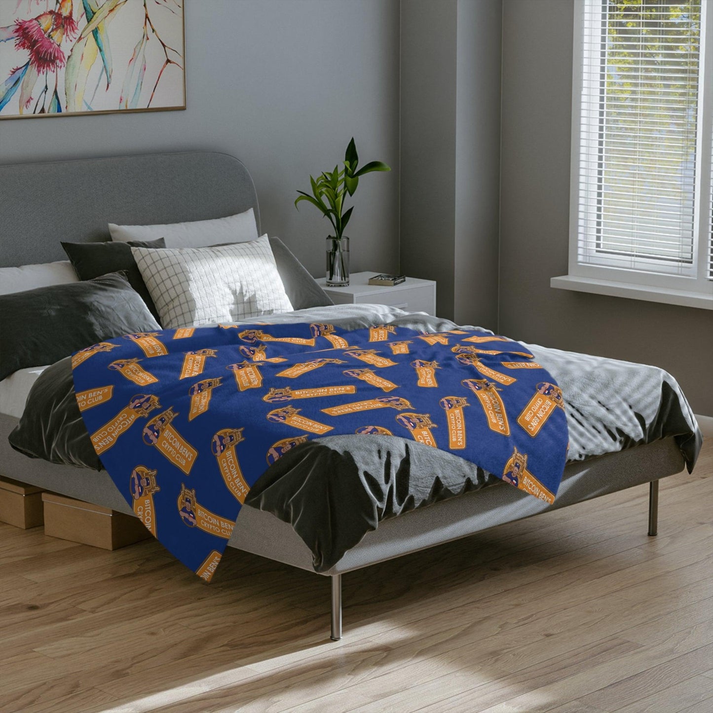 Miniaday Designs Bitcoin Ben Crypto Club Logo Velveteen Minky Blanket Blue - Miniaday Designs, LLC.
