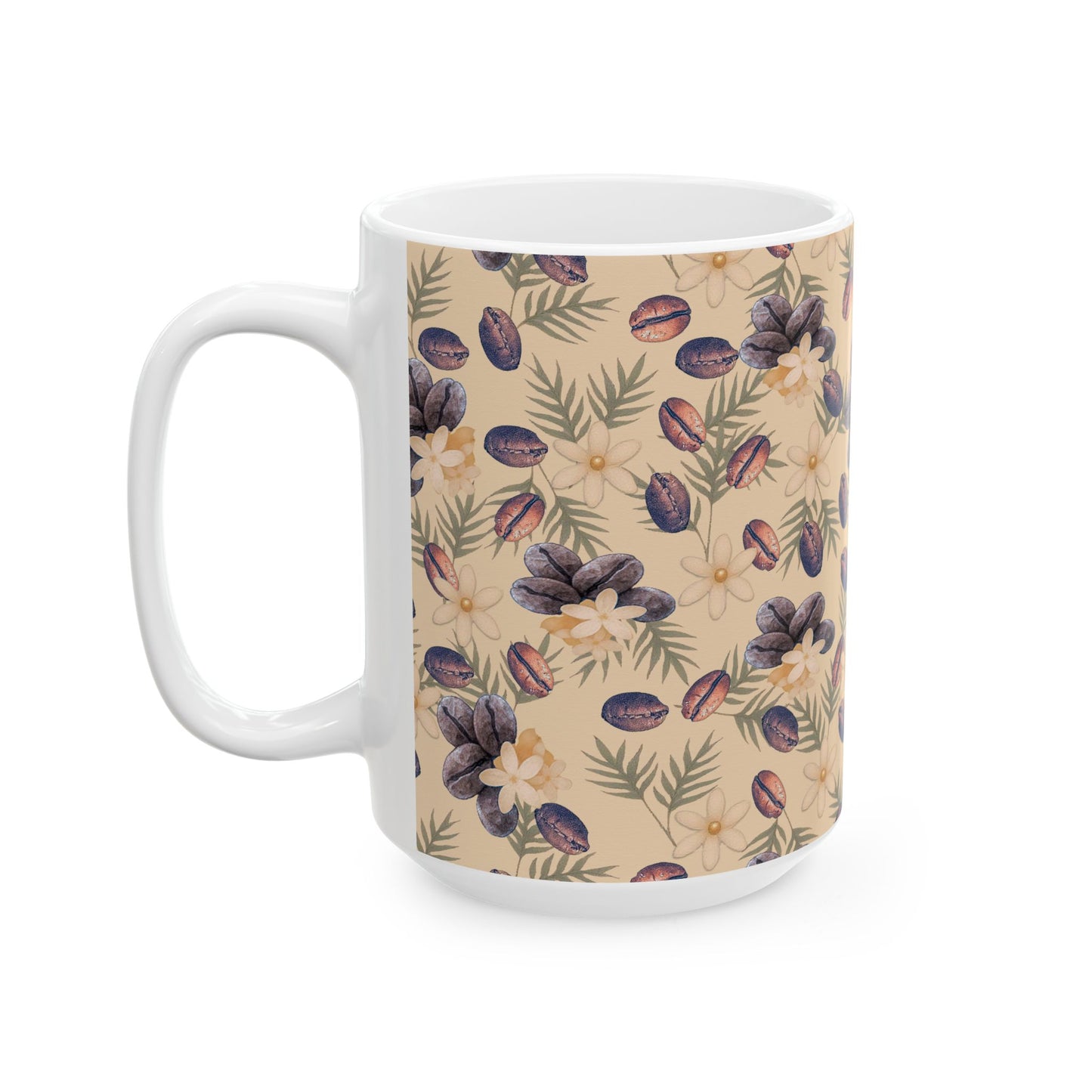 Coffee Beans and Flowers Ceramic Mug, (11oz, 15oz)