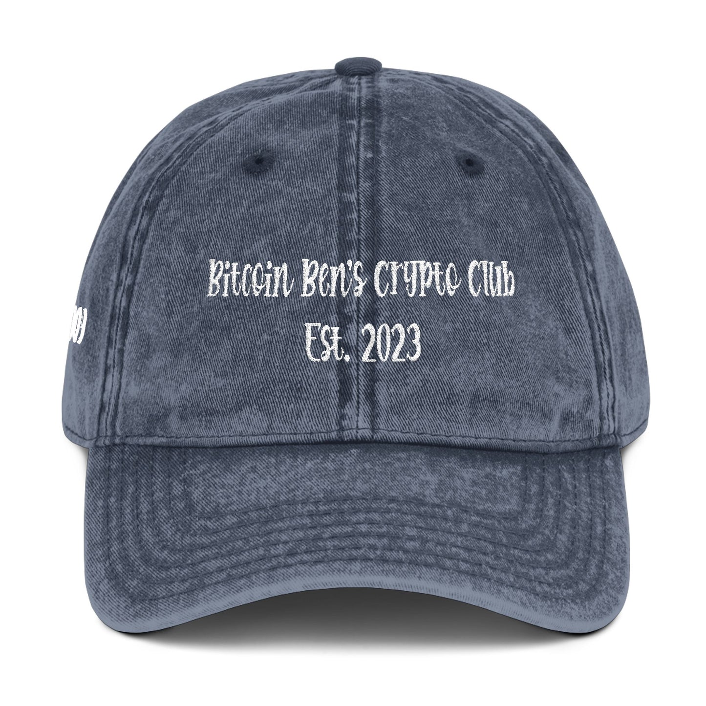 4.92" x 1.79" Length and Height Bitcoin Ben's Crypto Club Haystack Font 2 lines Vintage Cap (Embroidery)