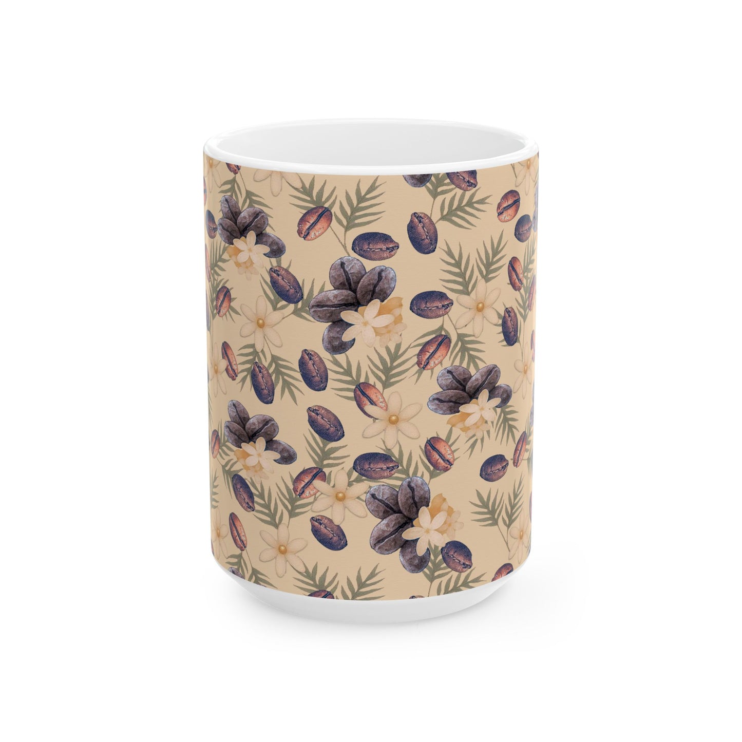 Coffee Beans and Flowers Ceramic Mug, (11oz, 15oz)