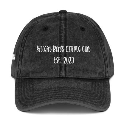 4.92" x 1.79" Length and Height Bitcoin Ben's Crypto Club Haystack Font 2 lines Vintage Cap (Embroidery)