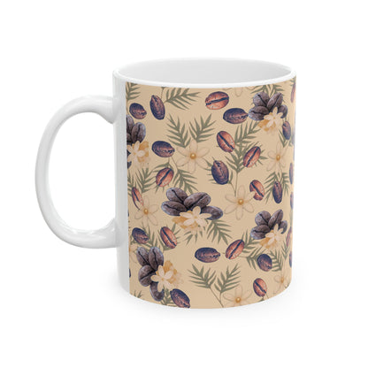 Coffee Beans and Flowers Ceramic Mug, (11oz, 15oz)