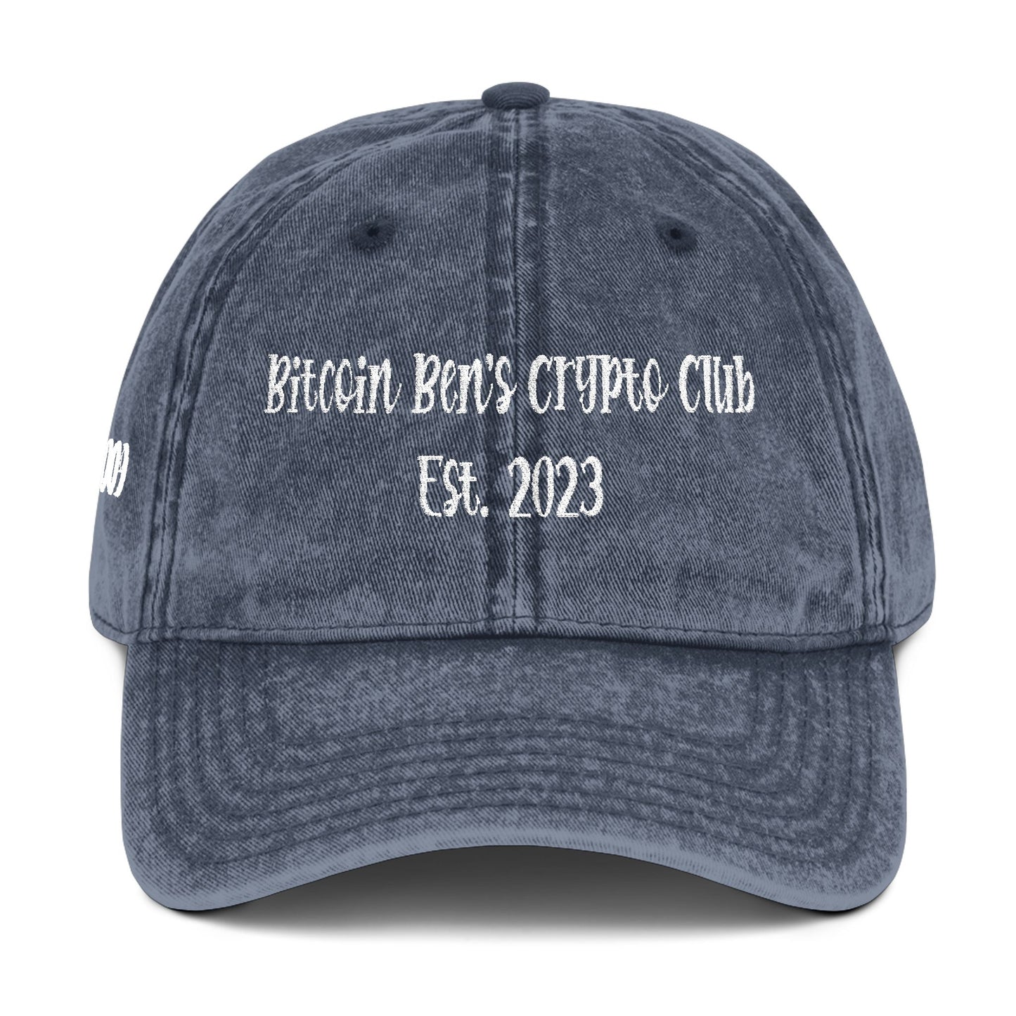5.13" x 2" Length and Height of Font  Bitcoin Ben's Crypto Club Est. 2023 Haystack Font Vintage Cap (Embroidery)