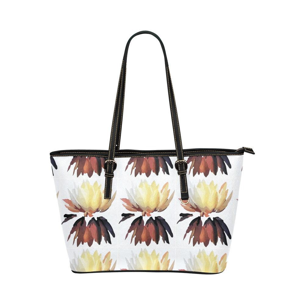 Brown Lotus Blossom Leather Tote Bag/Small (Model 1651) - Miniaday Designs, LLC.