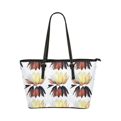 Brown Lotus Blossom Leather Tote Bag/Small (Model 1651) - Miniaday Designs, LLC.