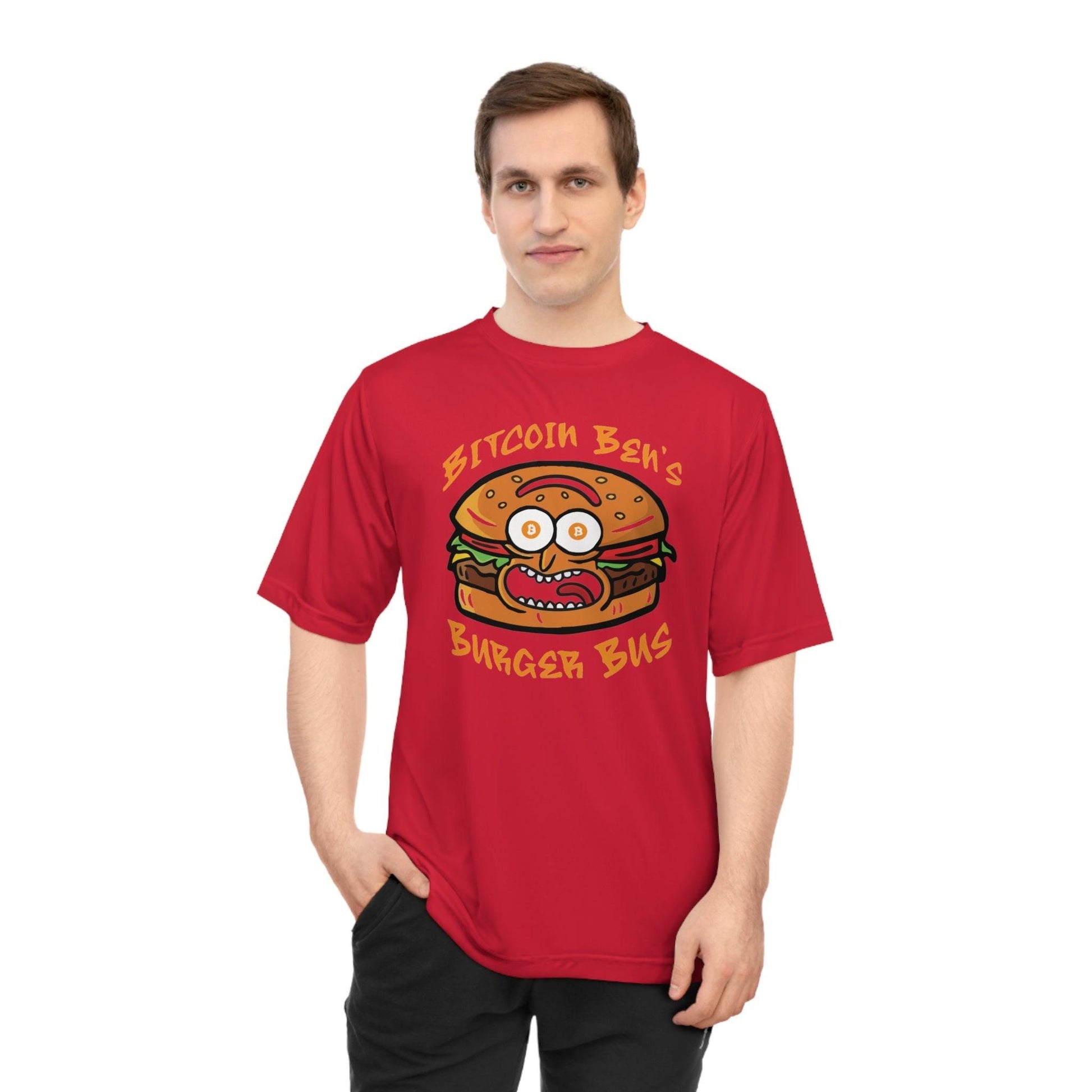 Miniaday Designs Bitcoin Ben Burger Bus Athletic Fit Unisex Zone Performance T-shirt - Miniaday Designs, LLC.