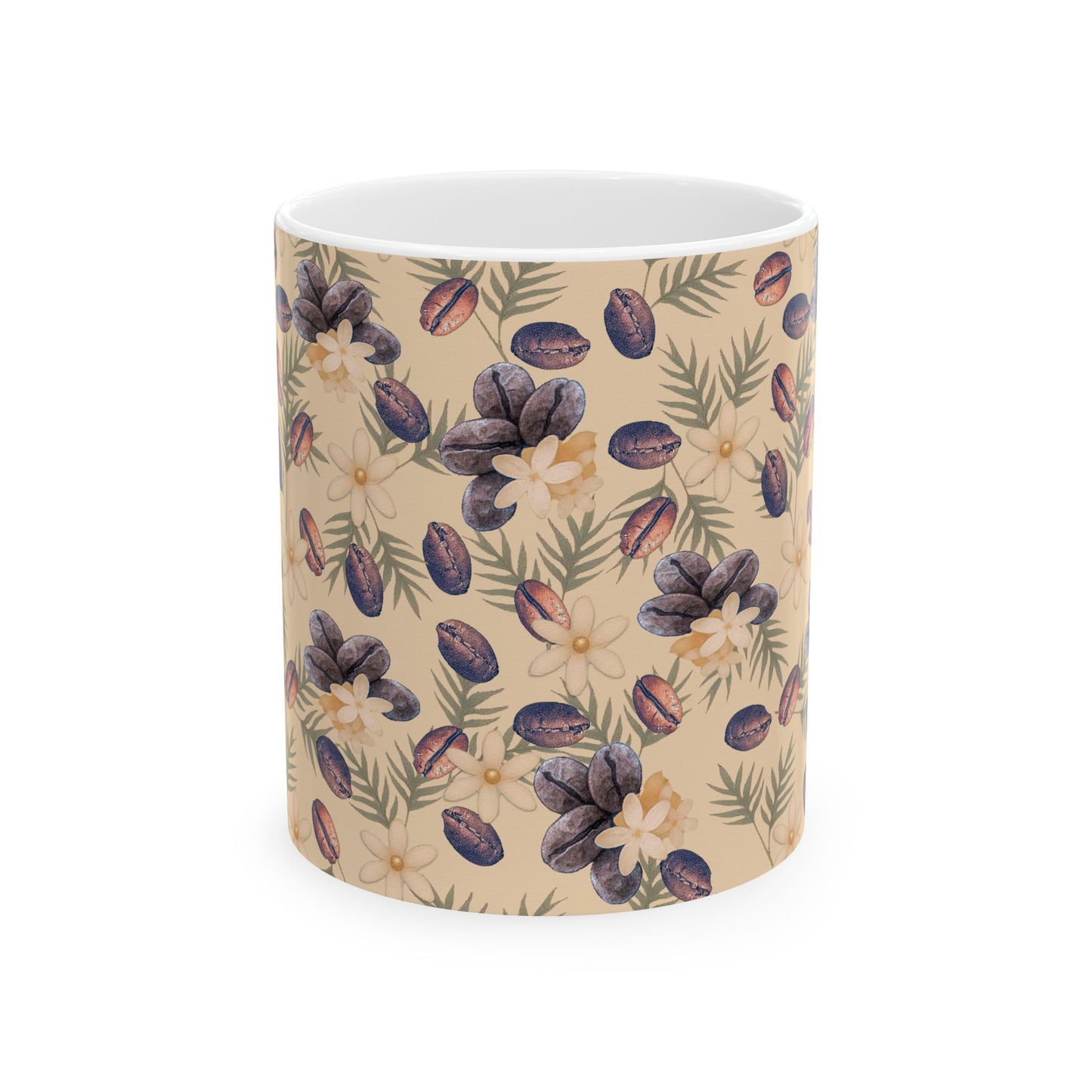 Coffee Beans and Flowers Ceramic Mug, (11oz, 15oz)