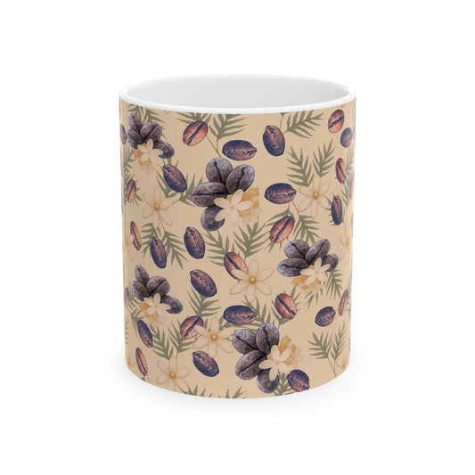 Coffee Beans and Flowers Ceramic Mug, (11oz, 15oz)