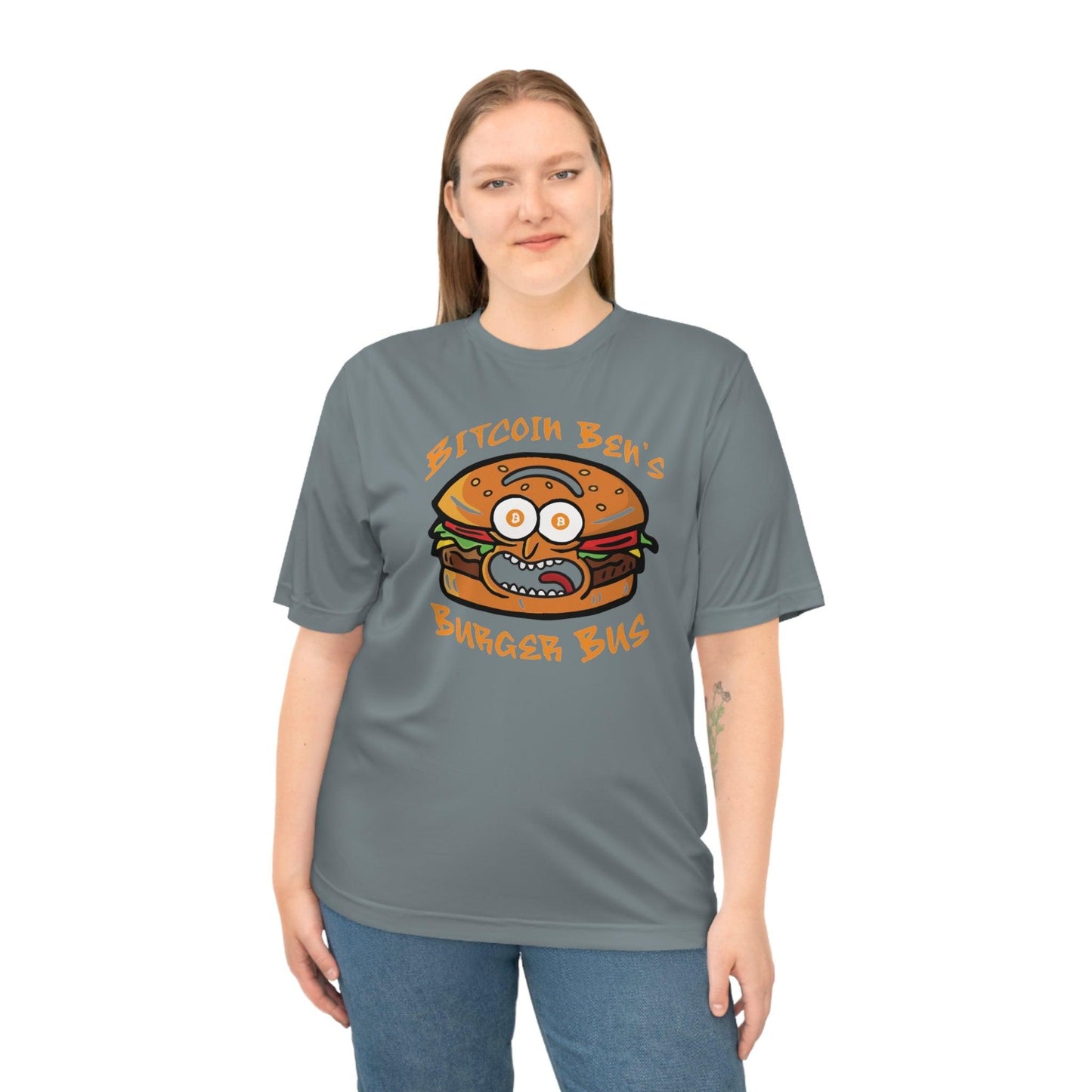 Miniaday Designs Bitcoin Ben Burger Bus Athletic Fit Unisex Zone Performance T-shirt - Miniaday Designs, LLC.