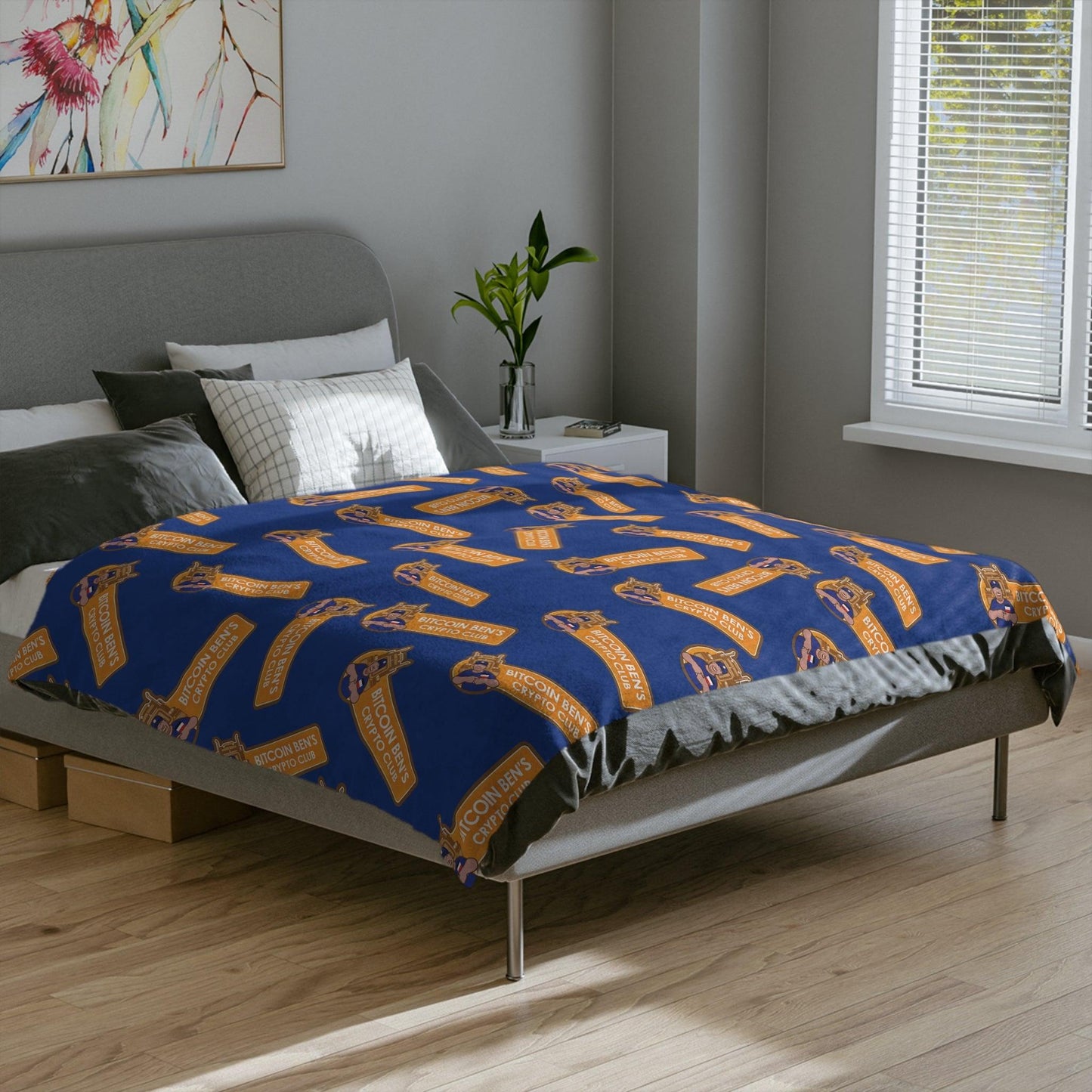 Miniaday Designs Bitcoin Ben Crypto Club Logo Velveteen Minky Blanket Blue - Miniaday Designs, LLC.