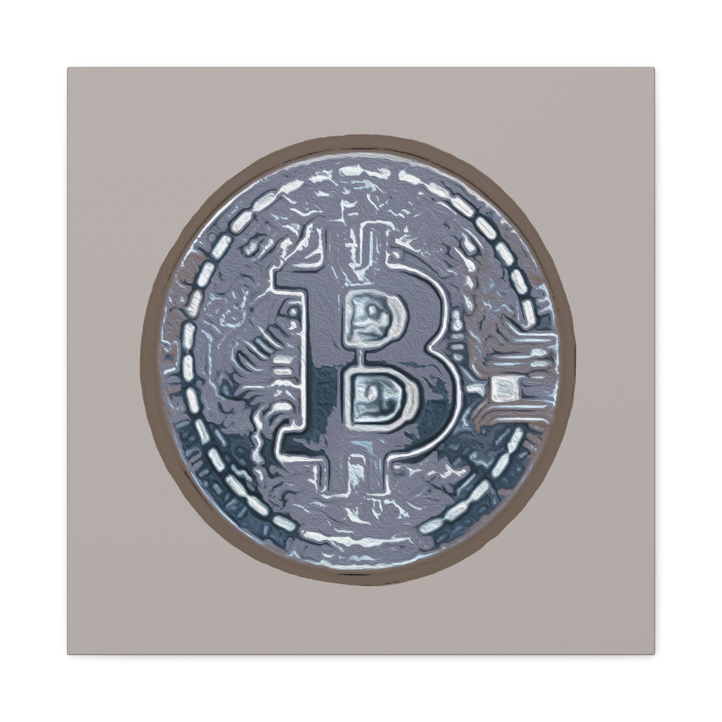Hand Painted Bitcoin Blue on Brown Matte Canvas, Stretched, 1.25"