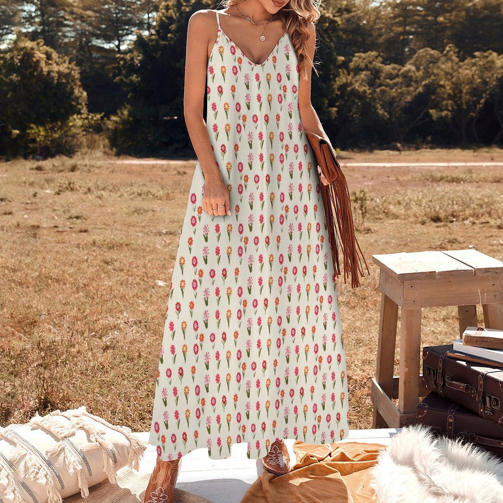 Miniaday Designs Desert Blossom Serenade" Spaghetti Strap Ankle-Length Dress Long Dress Soft Yellow - Miniaday Designs, LLC.