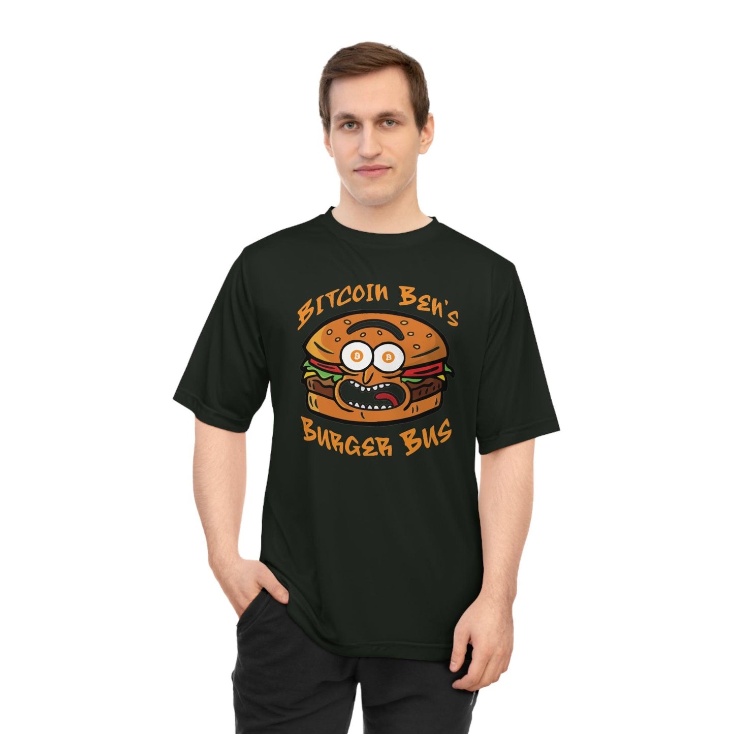 Miniaday Designs Bitcoin Ben Burger Bus Athletic Fit Unisex Zone Performance T-shirt - Miniaday Designs, LLC.