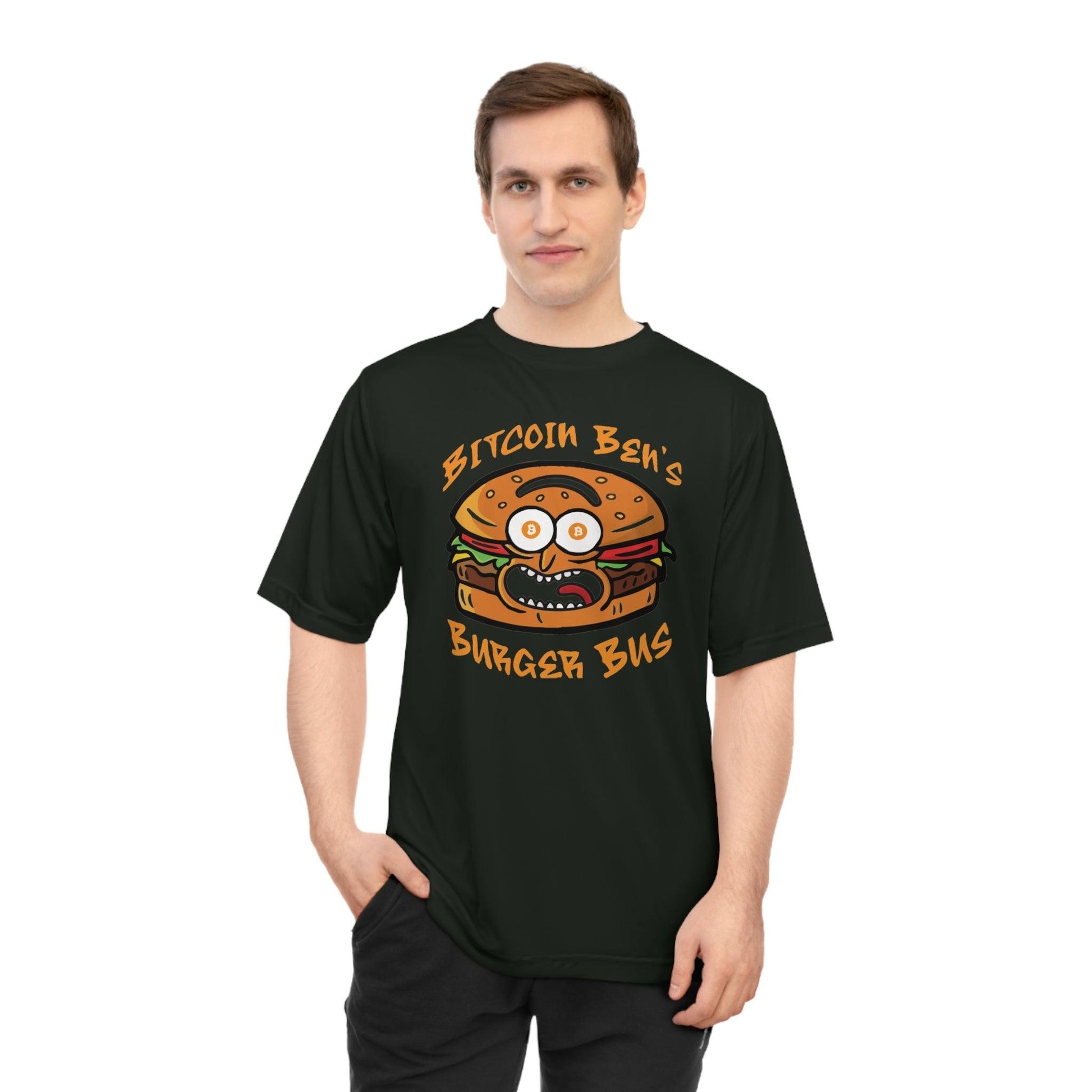 Miniaday Designs Bitcoin Ben Burger Bus Athletic Fit Unisex Zone Performance T-shirt - Miniaday Designs, LLC.