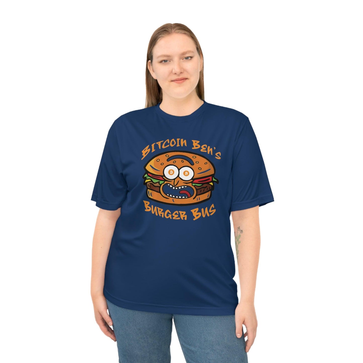 Miniaday Designs Bitcoin Ben Burger Bus Athletic Fit Unisex Zone Performance T-shirt - Miniaday Designs, LLC.