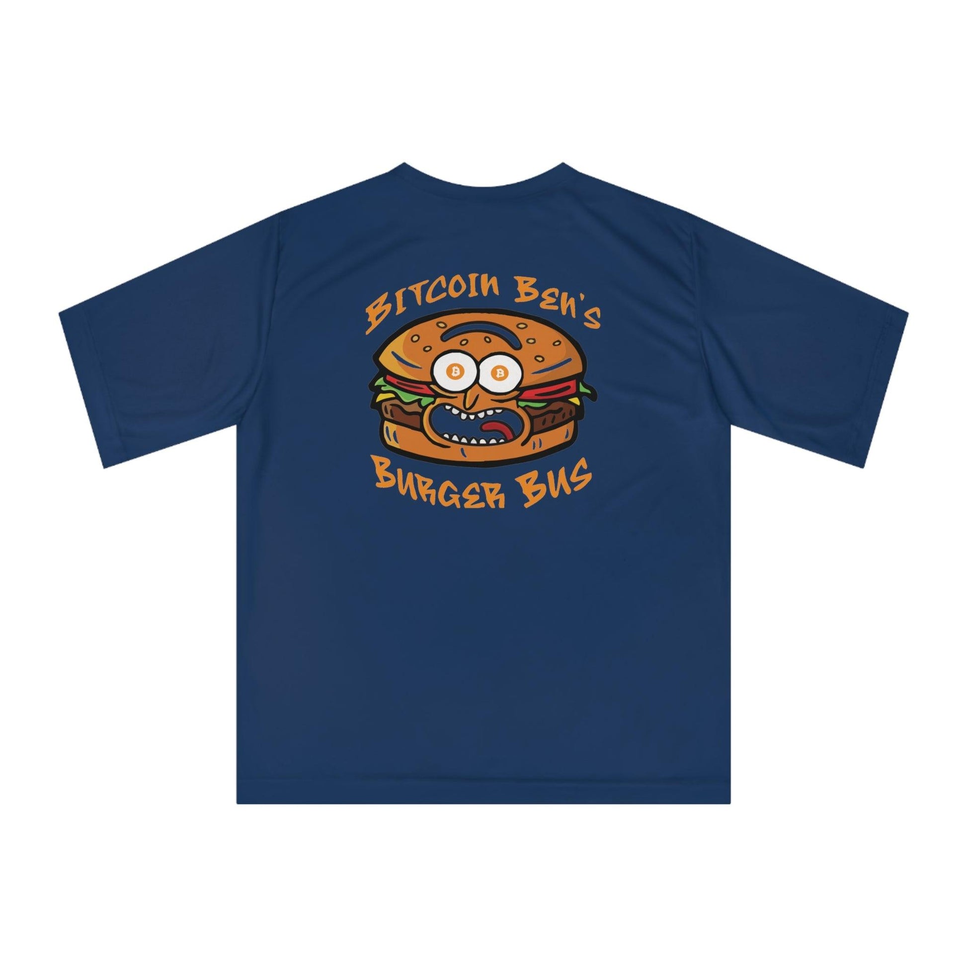 Miniaday Designs Bitcoin Ben Burger Bus Athletic Fit Unisex Zone Performance T-shirt - Miniaday Designs, LLC.