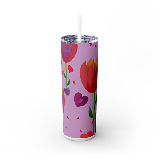 Tulips and Hearts Wild Skinny Tumbler with Straw, 20oz