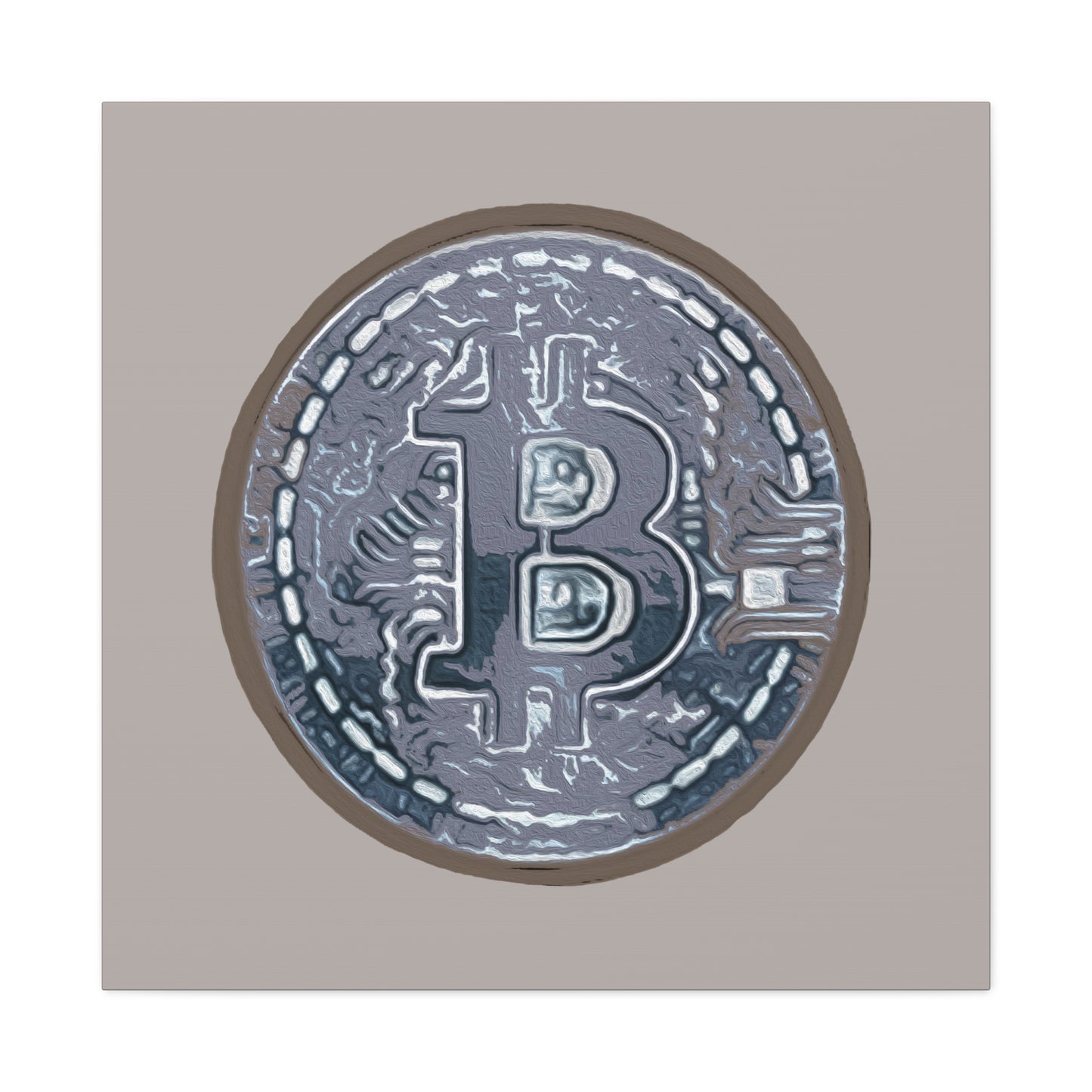 Hand Painted Bitcoin Blue on Brown Matte Canvas, Stretched, 1.25"