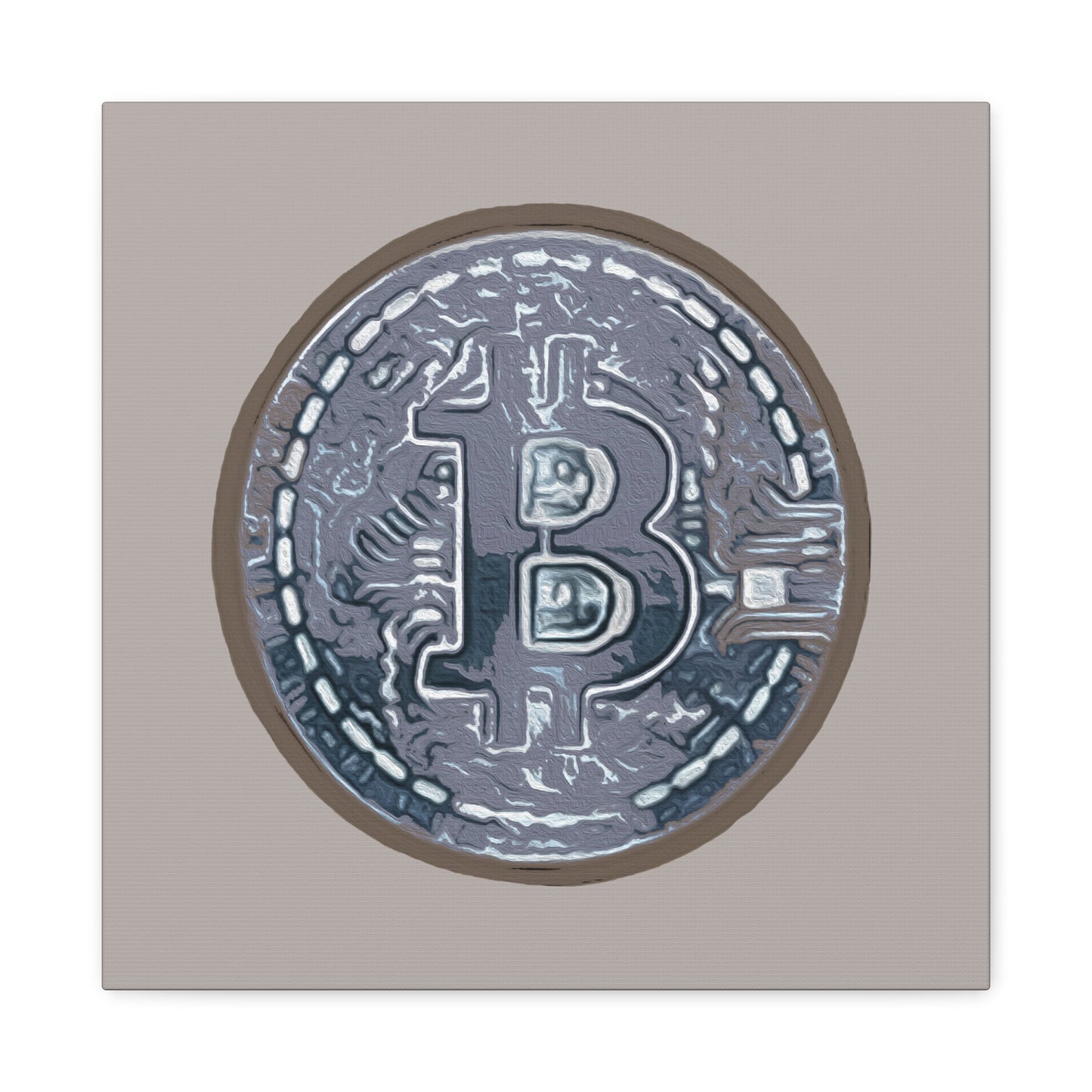 Hand Painted Bitcoin Blue on Brown Matte Canvas, Stretched, 1.25"