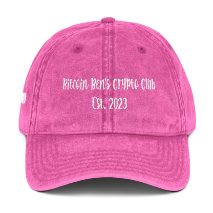 4.92" x 1.79" Length and Height Bitcoin Ben's Crypto Club Haystack Font 2 lines Vintage Cap (Embroidery)