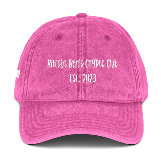 4.92" x 1.79" Length and Height Bitcoin Ben's Crypto Club Haystack Font 2 lines Vintage Cap (Embroidery)