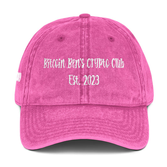 5.13" x 2" Length and Height of Font  Bitcoin Ben's Crypto Club Est. 2023 Haystack Font Vintage Cap (Embroidery)