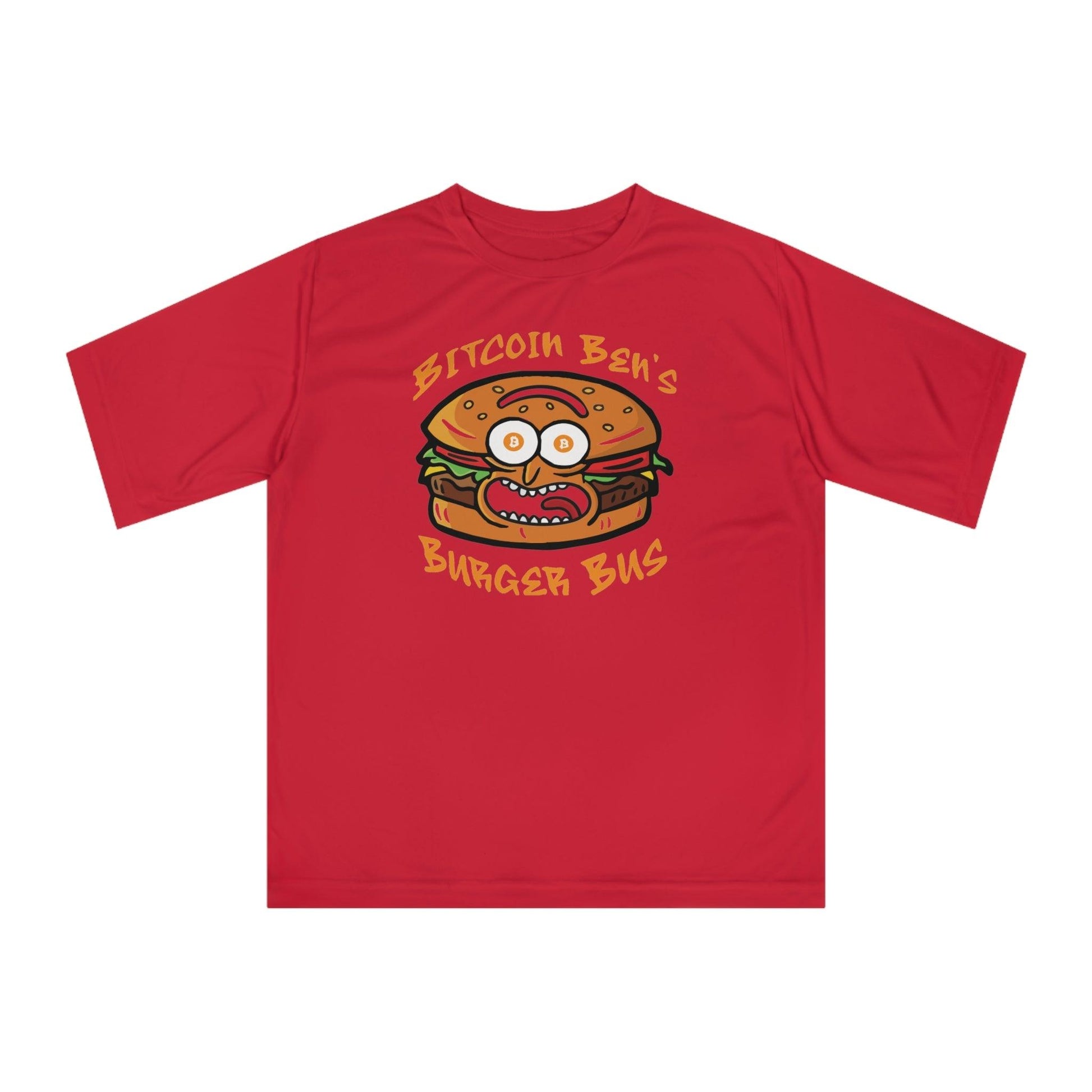 Miniaday Designs Bitcoin Ben Burger Bus Athletic Fit Unisex Zone Performance T-shirt - Miniaday Designs, LLC.