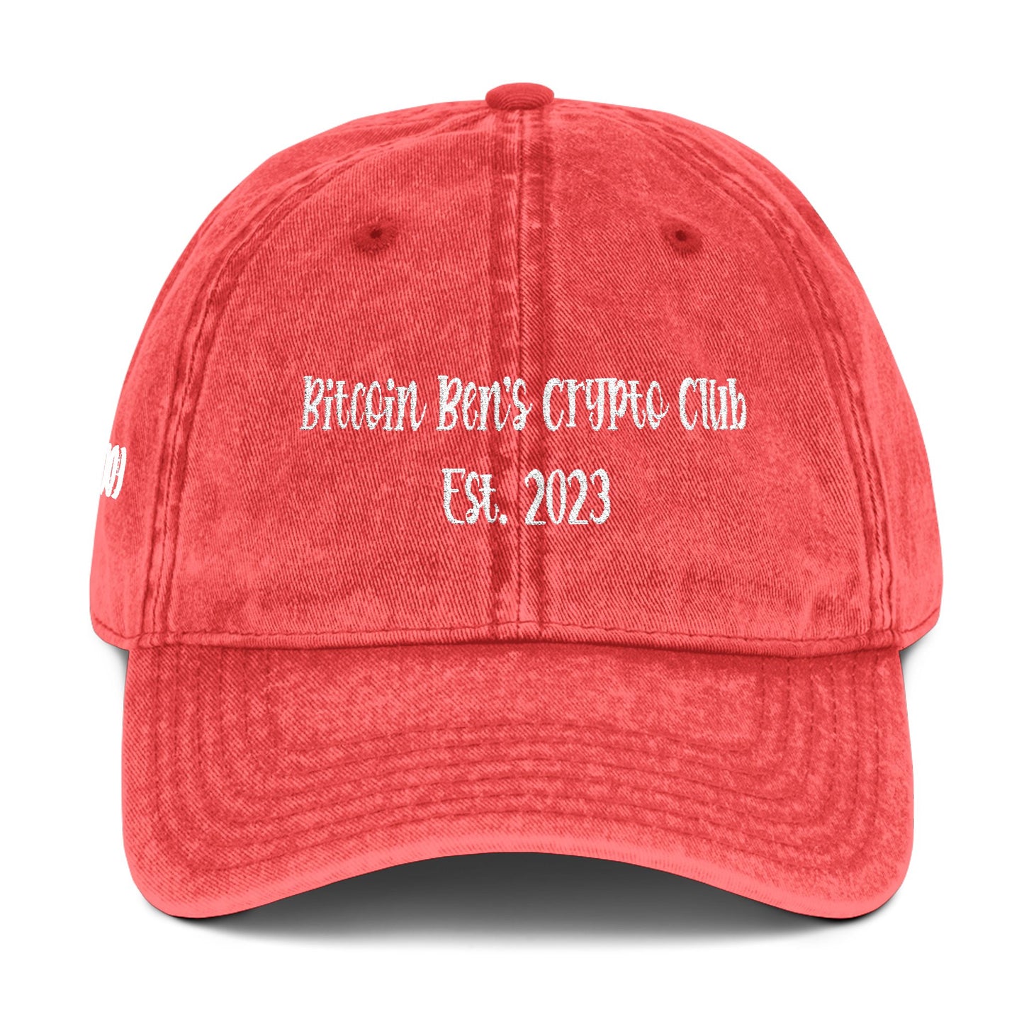 4.92" x 1.79" Length and Height Bitcoin Ben's Crypto Club Haystack Font 2 lines Vintage Cap (Embroidery)