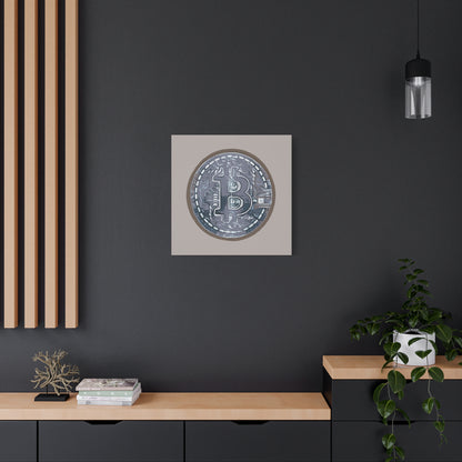 Hand Painted Bitcoin Blue on Brown Matte Canvas, Stretched, 1.25"
