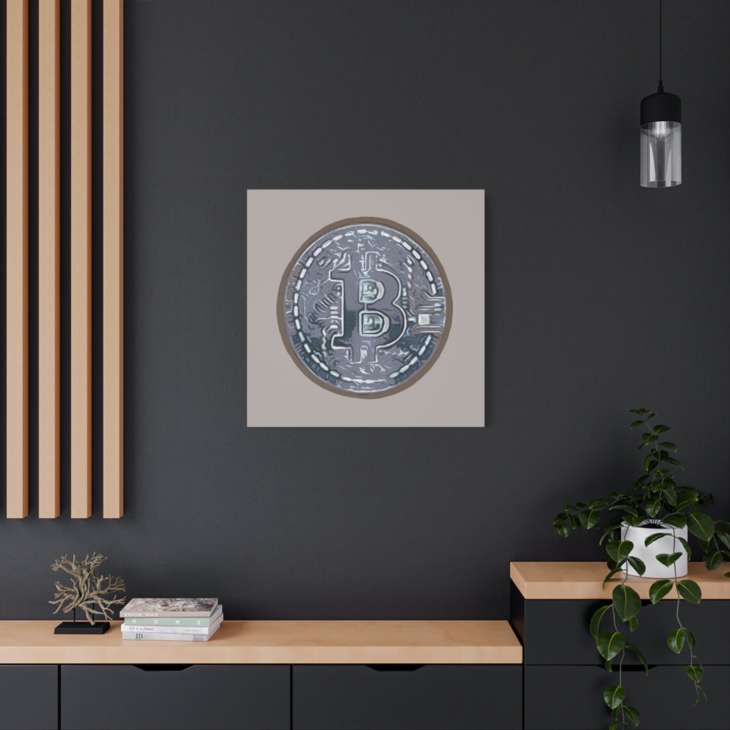 Hand Painted Bitcoin Blue on Brown Matte Canvas, Stretched, 1.25"