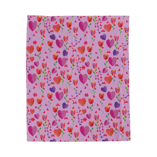 Hearts and Tulips Bright Velveteen Plush Blanket